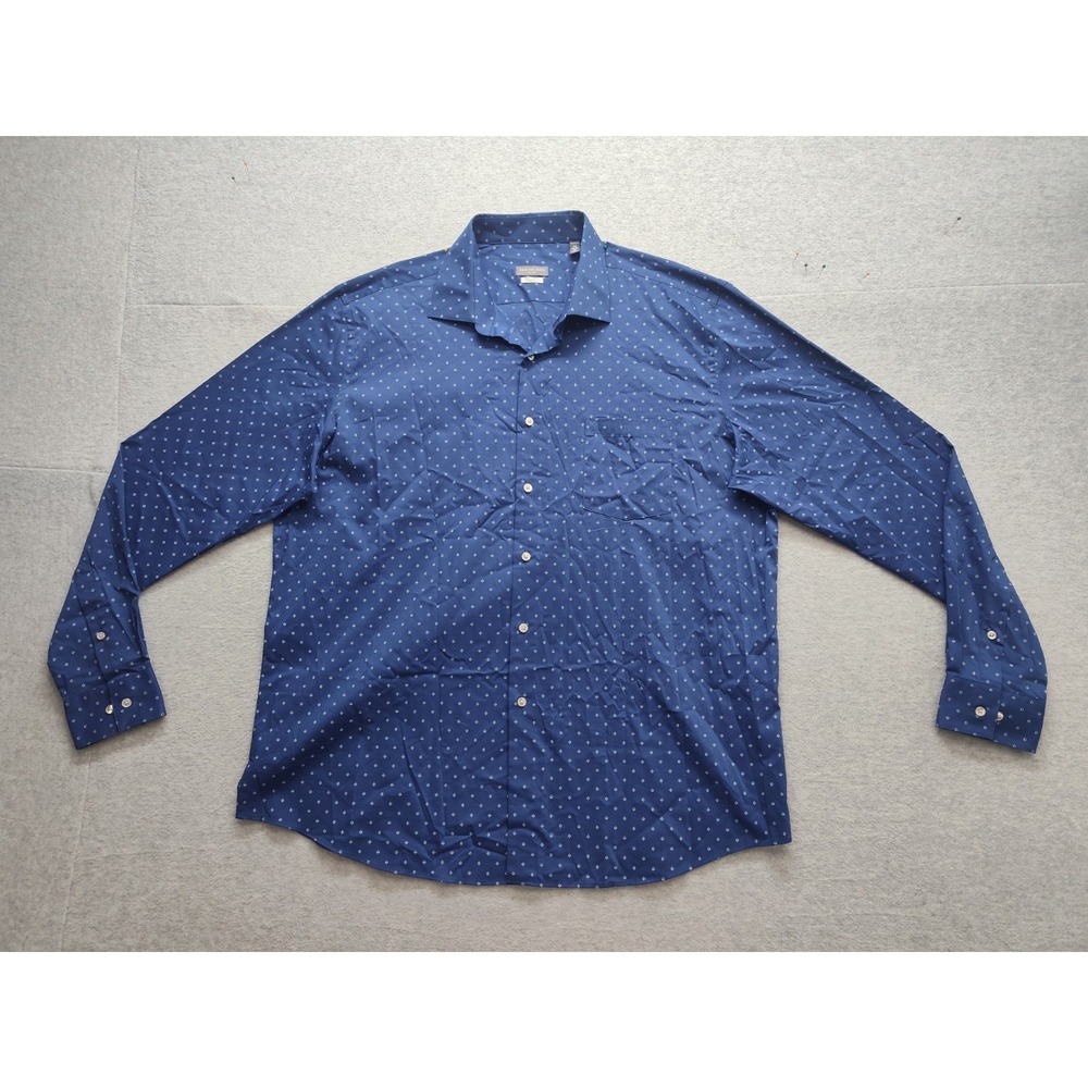 Van Heusen Flex Men Shirt 36/37 Blue Geometric Button Up Long Sleeve Logo Casual